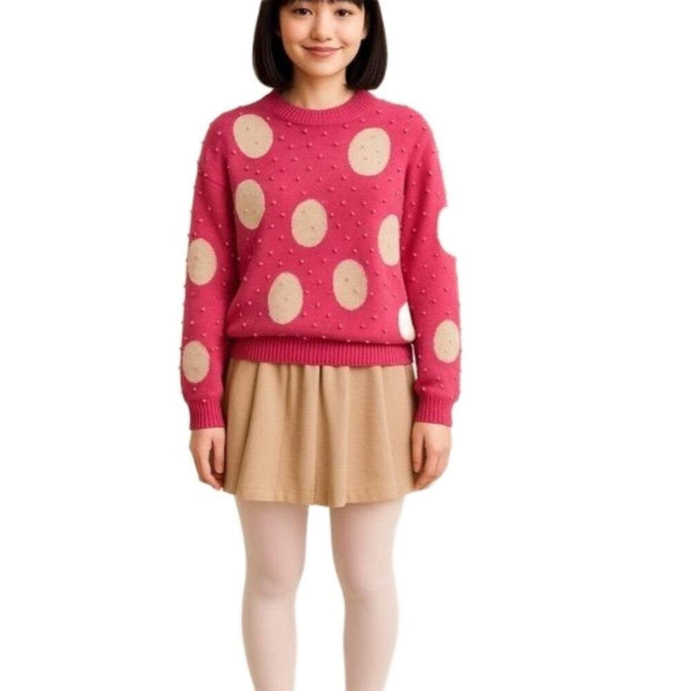 Joyce Pink Vintage Y2K Polka Dots Beaded Kawaii Style Crew Neck Sweater‎ L